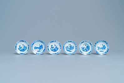 Six small Chinese blue and white 'Long Eliza and boys' plates, Kangxi