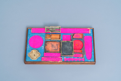 A Chinese wooden box with scholar's objects for a calligrapher or painter, 19th C.