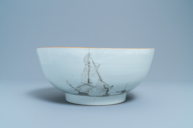 A large Chinese famille rose and grisaille bowl with the naval battle at Cartagena, Qianlong