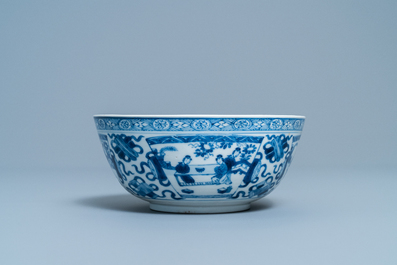 A Chinese blue and white bowl with figurative panels, Kangxi