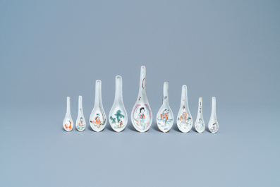 Nine Chinese famille rose and qianjiang cai spoons with figures, 19/20th C.