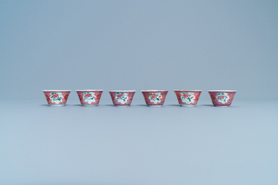 Six Chinese famille rose cups and saucers with a lady and a boy, Yongzheng/Qianlong