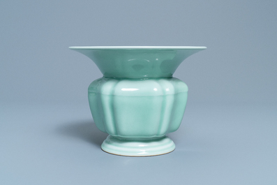 A Chinese monochrome celadon-glazed zhadou or spittoon, Yongzheng mark, Republic