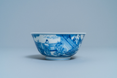 A Chinese blue and white klapmuts bowl with figures in a landscape, Kangxi mark and of the period