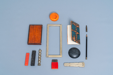 A Chinese wooden box with scholar's objects for a calligrapher or painter, 19th C.