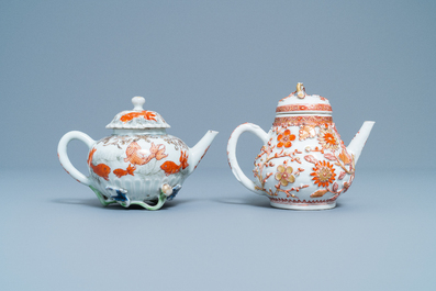 Two Chinese iron red and gilt relief-decorated teapots and one stand, Kangxi/Yongzheng