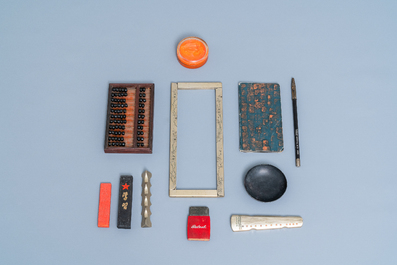 A Chinese wooden box with scholar's objects for a calligrapher or painter, 19th C.