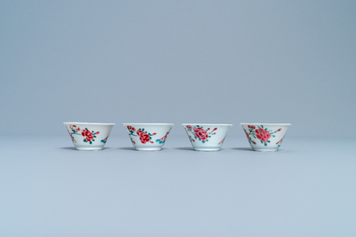 Four Chinese famille rose cups and saucers, Yongzheng