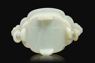A fine Chinese white jade vessel on wooden stand, Kangxi