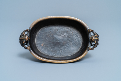 A Chinese chilong-handled bronze censer, Xuande mark, Ming