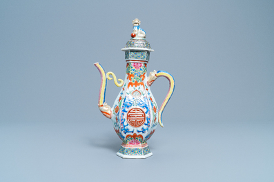 A Chinese famille rose 'Shou' ewer and cover, Qianlong