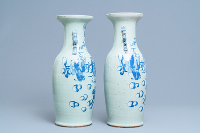 A pair of  Chinese blue and white celadon-ground 'Immortals' vases, 19th C.