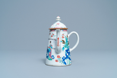 A Chinese famille rose 'Romance of the Western chamber' chocolate jug and cover, Yongzheng