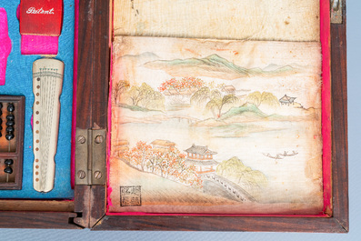 A Chinese wooden box with scholar's objects for a calligrapher or painter, 19th C.