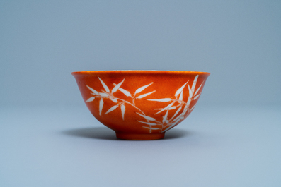 A Chinese coral-ground 'bamboo' bowl, Xuantong mark and of the period