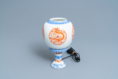 A Chinese iron red and overglaze blue eggshell porcelain 'dragon' lantern, Republic