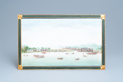 Ecole anglo-chinoise de Canton, huile sur toile, 18&egrave;me: 'Vue sur la baie de Whampoa'