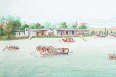 Ecole anglo-chinoise de Canton, huile sur toile, 18&egrave;me: 'Vue sur la baie de Whampoa'