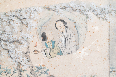 Chinese school, ink and colour on paper, Qianlong: 'Two figures near a window'