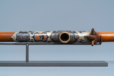 A Chinese bamboo, jadeite, paktong and Yixing stoneware opium pipe, 19th C.