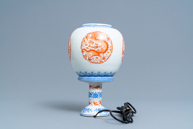 A Chinese iron red and overglaze blue eggshell porcelain 'dragon' lantern, Republic