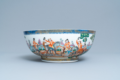A large Chinese famille rose 'hunting' bowl for the European market, Qianlong