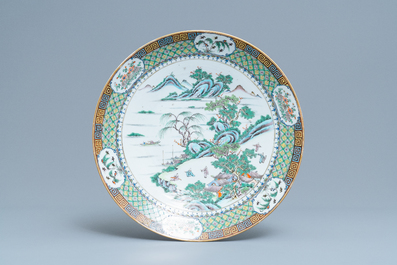 A pair of Chinese Canton famille verte dishes with fine landscapes, 19th C.