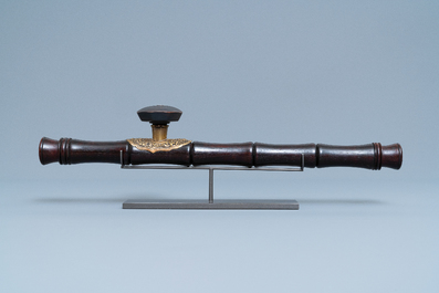 A Chinese tie li mu, paktong metal and Yixing stoneware opium pipe, 19th C.