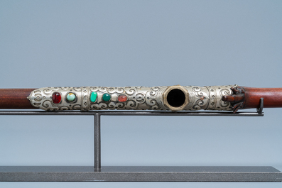 A Chinese bamboo, jadeite and Yixing stoneware opium pipe, 19th C.