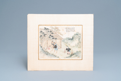 Chinese school, inkt en kleur op papier, 19e eeuw: 'Twee sc&egrave;nes met figuren in een landschap'