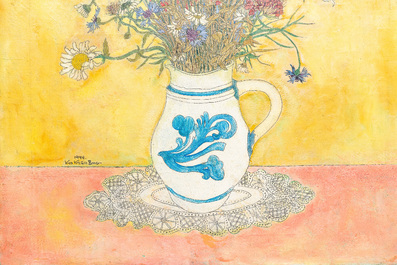 Kho Kiem Bing (Vietnam, 1917-), encre et huile sur toile: Nature morte aux fleurs dans une cruche en gr&egrave;s de Westerwald, dat&eacute; 1944
