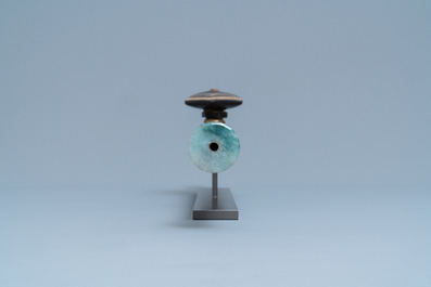A Chinese bamboo, jadeite, paktong and Yixing stoneware opium pipe, 19th C.