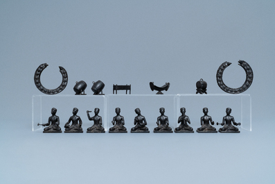 A collection of bronze miniature figures of musicians, India or Indonesia, 19/20th C.