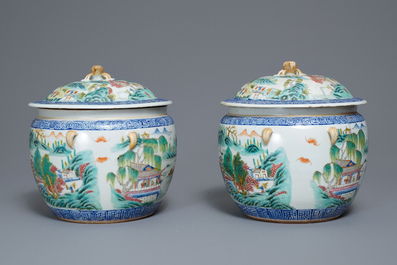 A pair of Chinese famille rose bowls and covers with landscapes, Qianlong mark, Republic