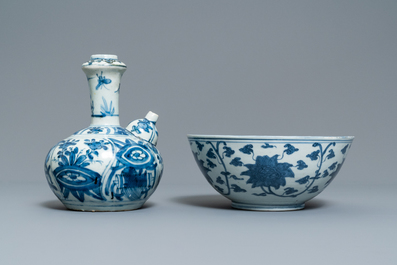 A Chinese blue and white kendi and a 'lotus scroll' bowl, Ming