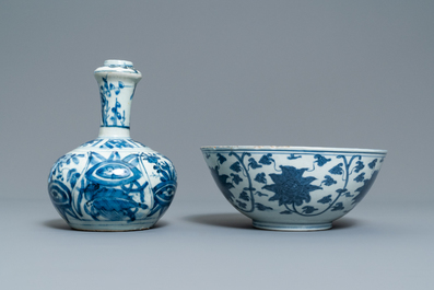 A Chinese blue and white kendi and a 'lotus scroll' bowl, Ming