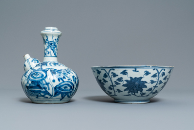 A Chinese blue and white kendi and a 'lotus scroll' bowl, Ming