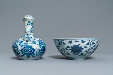 A Chinese blue and white kendi and a 'lotus scroll' bowl, Ming