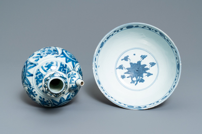 A Chinese blue and white kendi and a 'lotus scroll' bowl, Ming