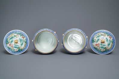 A pair of Chinese famille rose bowls and covers with landscapes, Qianlong mark, Republic