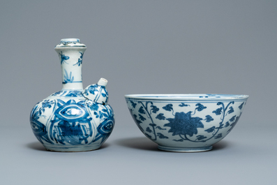 A Chinese blue and white kendi and a 'lotus scroll' bowl, Ming