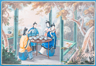 Chinese school, Canton, aquarel op papier, 18/19e eeuw: 'Een opiumroker' en 'Etende dames'