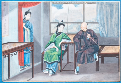 Chinese school, Canton, watercolour on paper, 18/19th C.: 'An opium smoker' and 'Ladies at lunch'