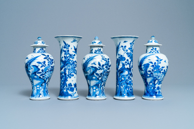 A Chinese blue and white five-piece garniture, Kangxi