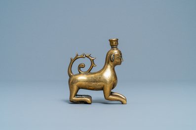 A bronze luster ornament in the shape of a lion with a man's head, Nuremberg, Germany, 14th C.