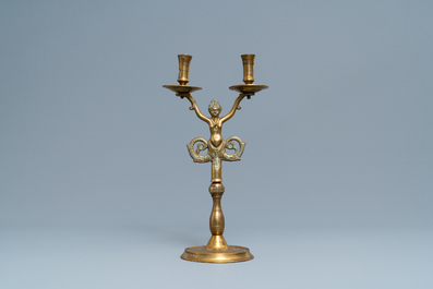 A large bronze candlestick with a siren with dolphin tails, Nuremberg, Germany, 16th C.