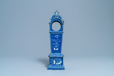 A tall pocket watch holder in blue-ground Saint-Omer faience, France, 18th C.