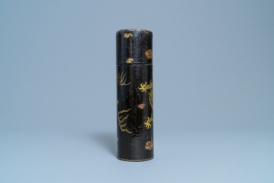 An imperial Chinese cylindrical painted and lacquered wood edict container, 17/18th C.