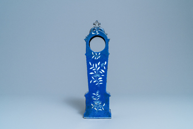 A tall pocket watch holder in blue-ground Saint-Omer faience, France, 18th C.