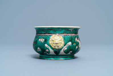 A Chinese verte biscuit censer with horses, Kangxi